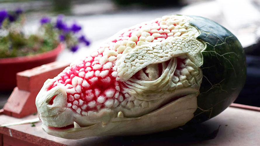 An Awesome Dragon Carved From A Watermelon