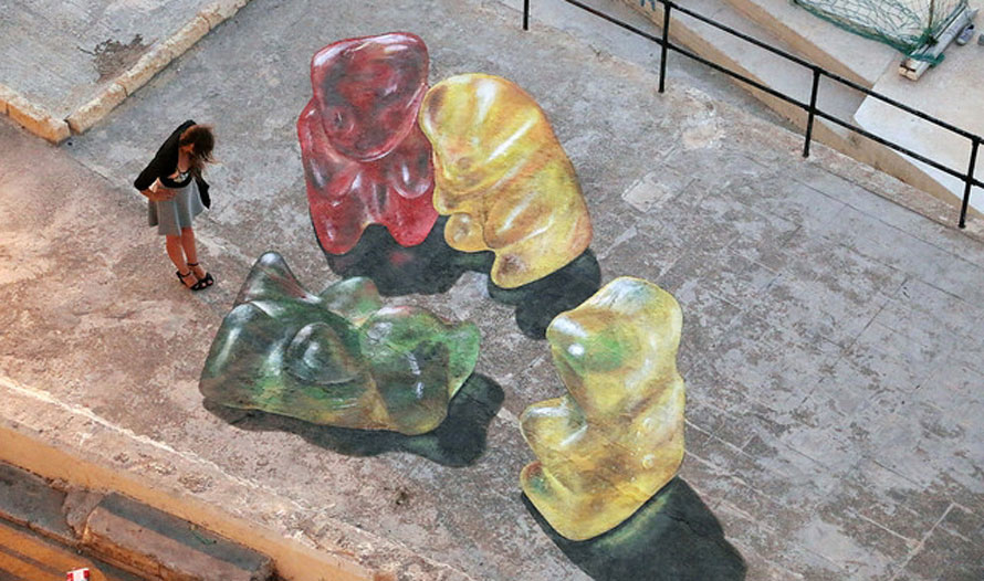 Giant Gummy Bear Street Paintings Appear Real When Viewed From Above